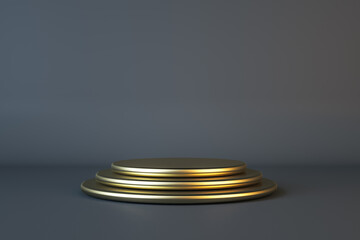 Golden glossy podium by three round stands on dark empty background. 3D rendering, mockup