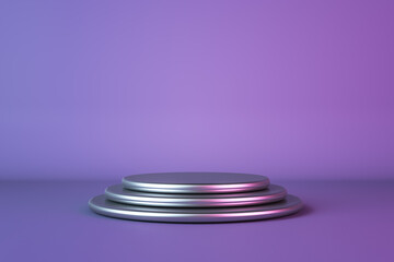 Metallic effect glossy podium by three silver round stands on purple empty background. 3D rendering, mock up