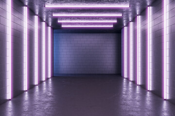 Blank dark brick wall in empty stylish room with dark glossy concrete floor and fluorescent lamps on walls. 3D rendering, mockup