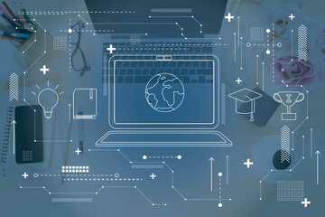White computer icon, blue background, cup, head, book, lightbulb signs, laptop on the table in the second layer, worldwide education concept