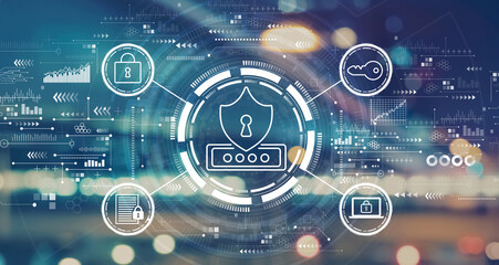 Cyber security theme with blurred city lights