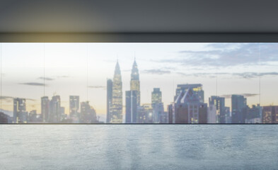 City skyscrapers view from transparent wall in empty hall room with glossy concrete floor. 3D rendering, mockup