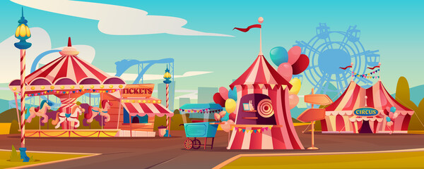 Entertainment playground in family amusement park, carnival circus tent, carousels rollercoaster on background. Vector ferris wheel, candy cotton booth, shooting gallery, arrows pointers, ticketsbox © Sensvector