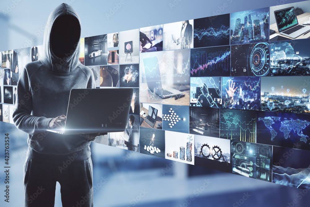Poster online piracy concept with noface hacker with laptop on media wall with video archive background.