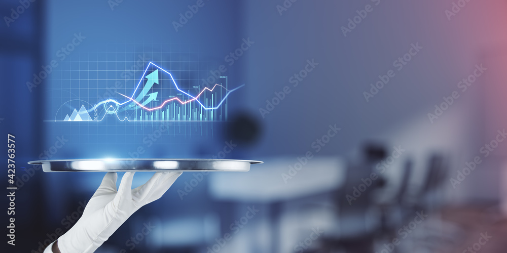 Poster right business investing concept with digital financial arrows up and growing diagram above tray on 