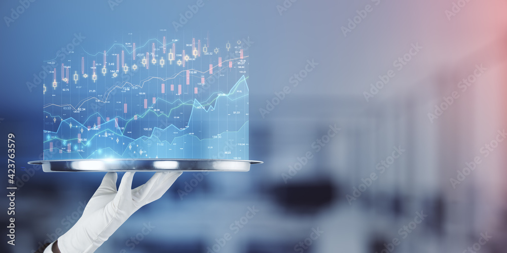 Aufkleber ready made solutions concept with digital financial chart with graphs and indicators screen on metal