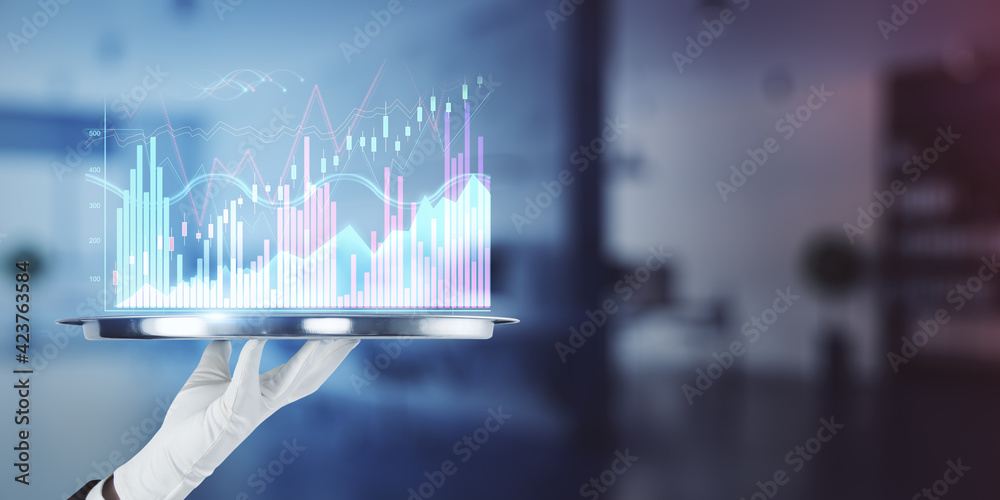 Poster Trading strategy concept with stock market diagram and candlestick on virtual interface above hand in white glove with tray on blurry backdrop with copyspace. Mock up