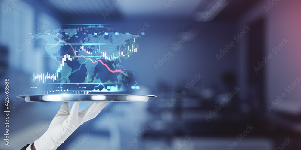 Poster Global trading strategy concept with human palm in white glove with round tray and virtual world map with financial chart graphs above on blank blurry background. Mock up