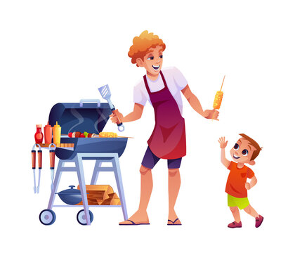 Bbq, Dad Gives His Son Corn Isolated Cartoon People Grilling Meat. Vector Father And Little Boy Cooking Outdoors, Parent And Child Spend Leisure Time Together. Grilling Machine And Logs, Sauces