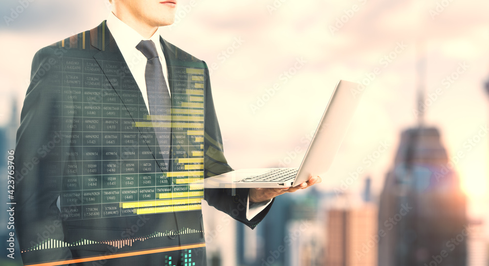 Poster Stats data concept with statistics points on digital screen on businessman holding laptop in one hand background.