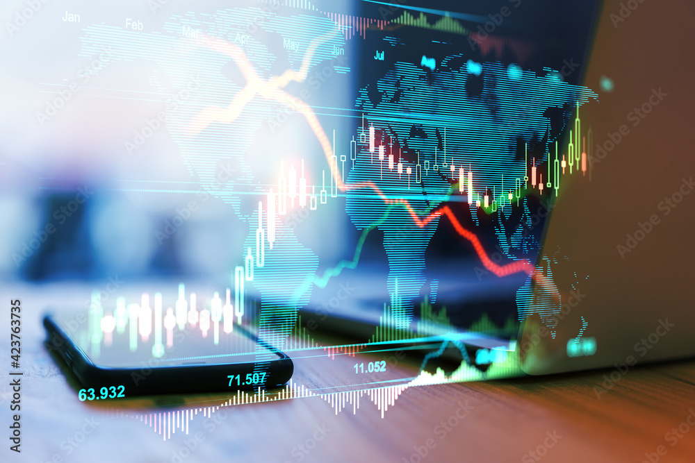 Poster forex market concept with financial chart graphs and diagram on virtual screen and laptop with smart