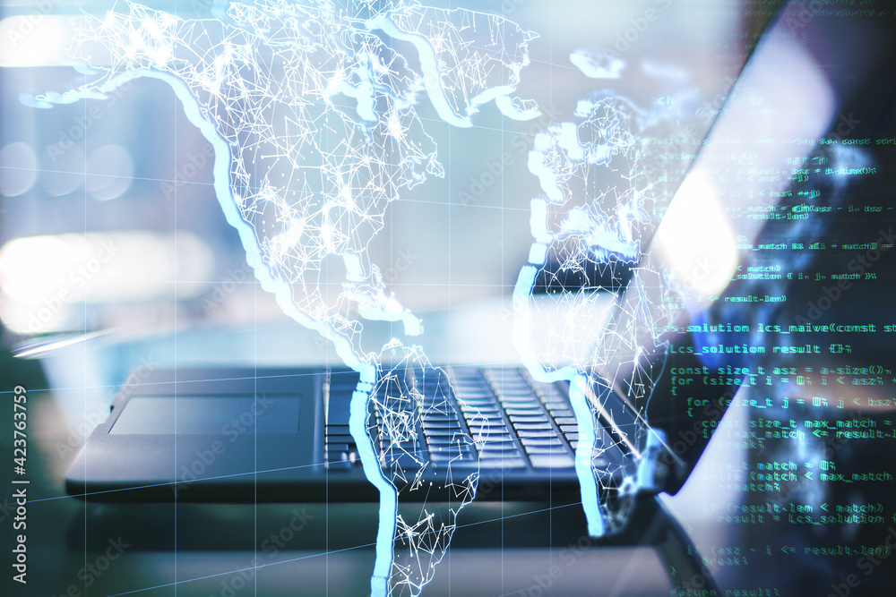 Poster Big data concept with world hologram world map on opened laptop background