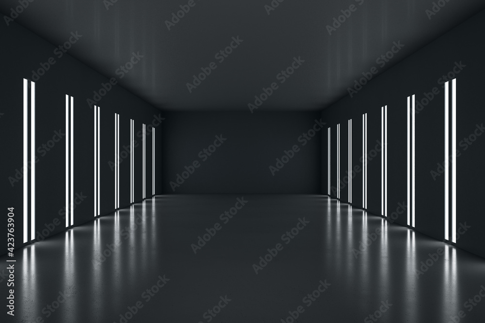 Poster Front view on dark wall in dark modern empty room with led lights on walls. 3D rendering, mockup