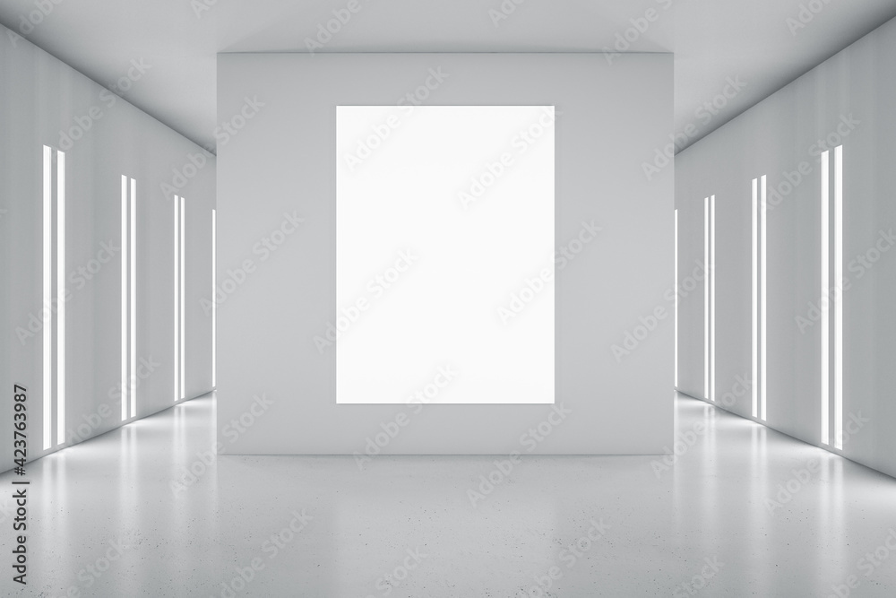 Poster blank white poster on light grey partition in styliesh empty room in grey shades and led lights on w
