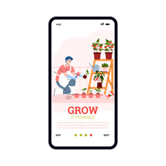 Onboarding page with man growing plants on balcony, vector cartoon illustration.
