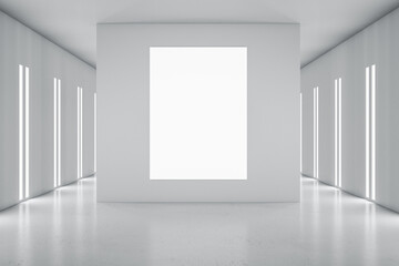 Fototapeta premium Blank white poster on light grey partition in styliesh empty room in grey shades and led lights on walls. 3D rendering, mockup