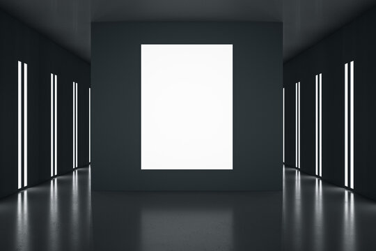 Blank white poster in dark hall with black floor, ceiling and led lights on black walls. 3D rendering, mock up