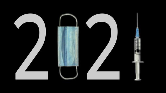 Protective medical face mask and syringe with hypodermic needle and experimental vaccine turns into 2021 year in animation. Global covid-19 pandemic concept digitally generated image
