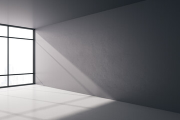 Stylish empty room with sunny light on concrete floor, big window and dark ceiling and blank wall. 3D rendering, mockup