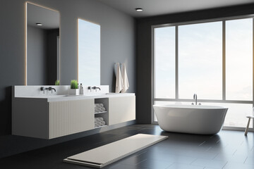 City view from big window in modern style interior design bathroom with white bath, dark wall and mirrors with sinks for two