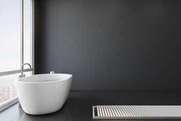 Empty bathroom with a blank black wall, big window, city view, concrete floor, interior design concept