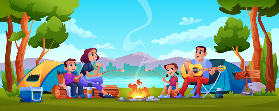 Family campers parents and children resting on nature with tents, camping hiking people in forest, mountains on background. Vector people sitting at campfire together, playing guitar, singing song