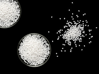 Top view closeup of a petri dish with white plastic resin