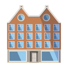 European orange old house in the traditional Dutch town style with a double gable roof, round attic windows and large storefronts. Vector illustration in the flat style isolated on a white background.