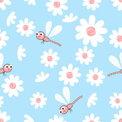 Seamless pattern with dragonflies and daisy flowers on blue background vector illustration.