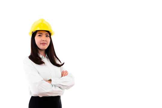 The image of a beautiful Asian woman engineer  Standing with confident crossed arms  Ready to perform  On a white background, the concept is confidence and work commitment.