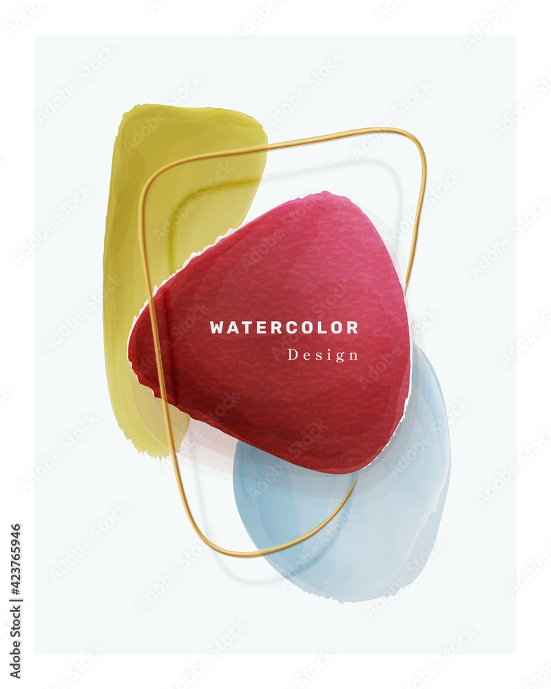 Poster watercolor cover design elements isolated brush shape frame, yellow, blue and red blobs. vector 3d t