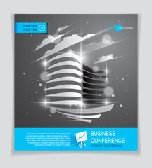 Office building brochure, modern architecture vector flyer with blurred lights and glares effect. Real estate business center blue design. 3D futuristic facade business conference print template.