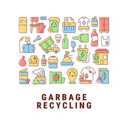 Garbage recycling abstract color concept layout with headline. Rubbish disposal from households. Trash removal. Waste management creative idea. Isolated vector filled contour icons for web background