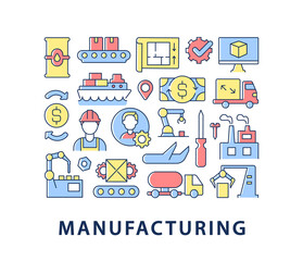 Manufacturing abstract color concept layout with headline. Merchandise distribution. Factory warehouse. Commercial production creative idea. Isolated vector filled contour icons for web background