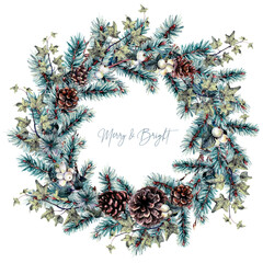 Watercolor Christmas Rustic Wreath Isolated on White. - 423766905