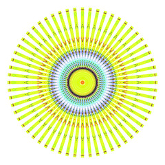Creative multicolored points round symbol. Abstract symmetrical logo. Mosaic colorful beautiful beads. Circle dots modern pixel floral art icon. Colored pattern ornament wheel decorative illustration.