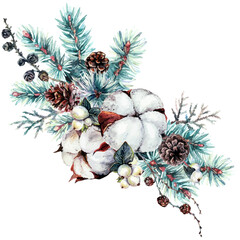 Watercolor Christmas Floral Decoration Isolated on White. - 423767145