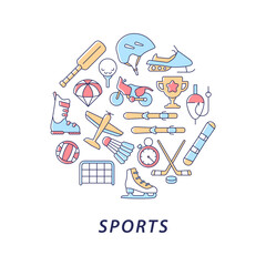 Sports abstract color concept layout with headline. Playing game. Fitness and exercising. Competitive physical activity creative idea. Isolated vector filled contour icons for web background