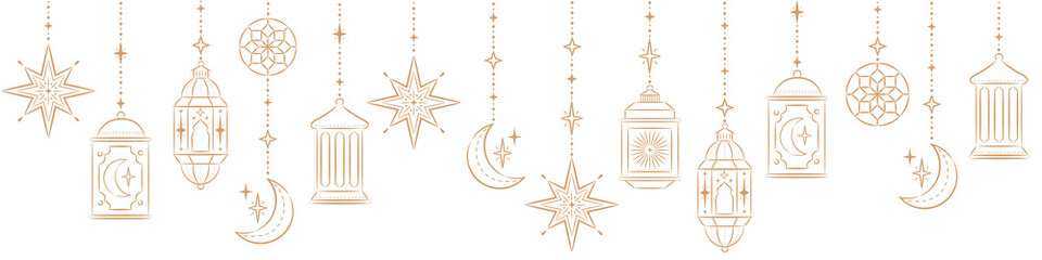 Ramadan Kareem Border, Islamic art Style Background. Symbols of Ramadan Mubarak, Hanging Gold Lanterns, arabic lamps, lanterns moon, star, art vector and illustration. - obrazy, fototapety, plakaty