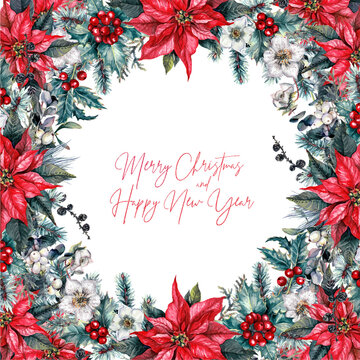 Watercolor Christmas Floral Frame Isolated on White
