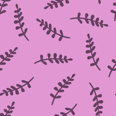Random seamless doodle pattern with violet tropic branches silhouettes. Pink background.