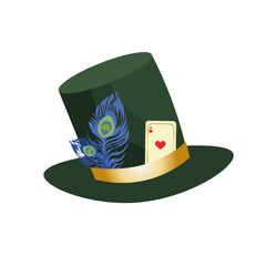 Stovepipe green hat of the mad hatter from Alice in Wonderland. Decorated with feather and playing card.