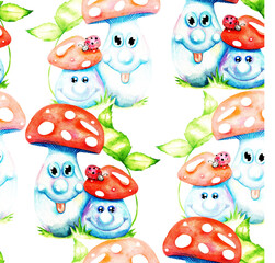 Mushroom children's fairy tale. Seamless pattern. Watercolor (5)