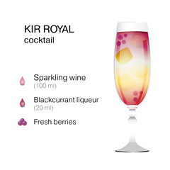 Kir Royal cocktail with recipe description. Vector illustration on white backstage