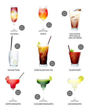 Cocktail Menu With Price List. A Set Of Popular Summer Alcoholic Cocktails. Vector Illustration