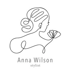 Obraz premium Woman face one line contour modern logo Elegant girl with flower. Vector illustration