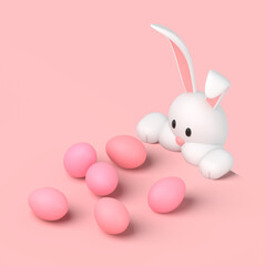 Obraz na płótnie Canvas 3d simple easter bunny rabbit hiding and spies on pink painted egg on pink pastel background 3d illustration. Easter holiday.