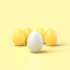 3d simple yellow easter eggs and one white egg on pastel background 3d illustration. Easter holiday.