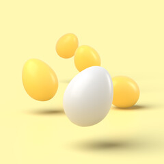3d simple yellow easter eggs and one white egg on pastel background 3d illustration. Easter holiday.