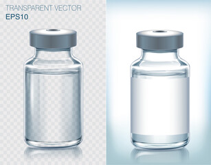 Collection of medical vaccine bottles.  Transparent vector ampoule on light background - obrazy, fototapety, plakaty